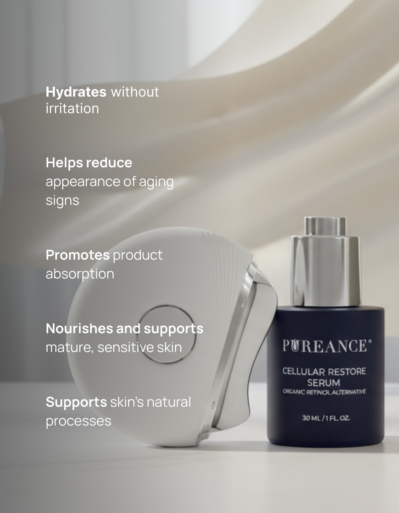 Pureance serum and thermal beauty device with key skincare benefits list