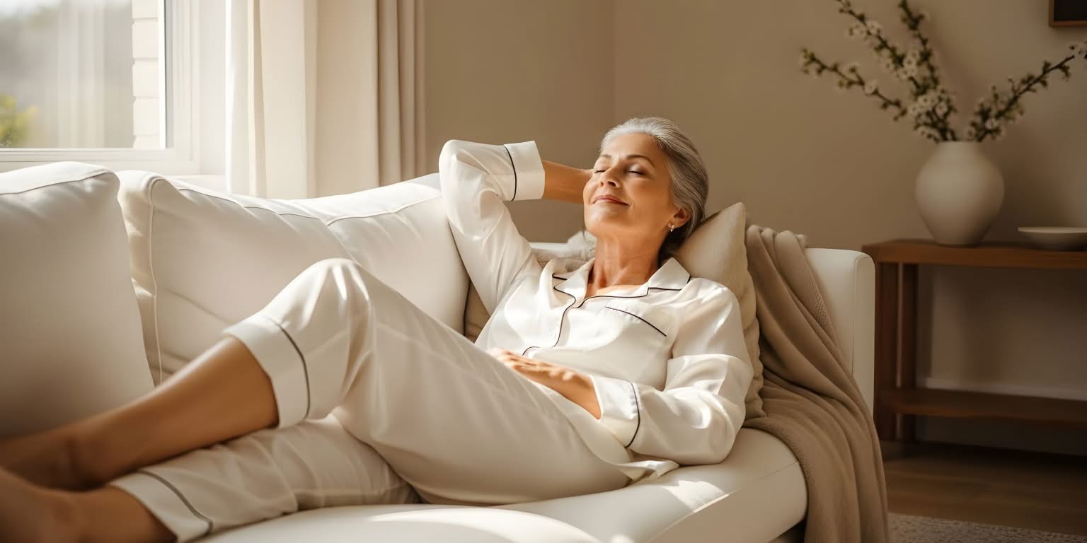 Relaxed woman lying on a sofa, representing comfortable legs and circulation support