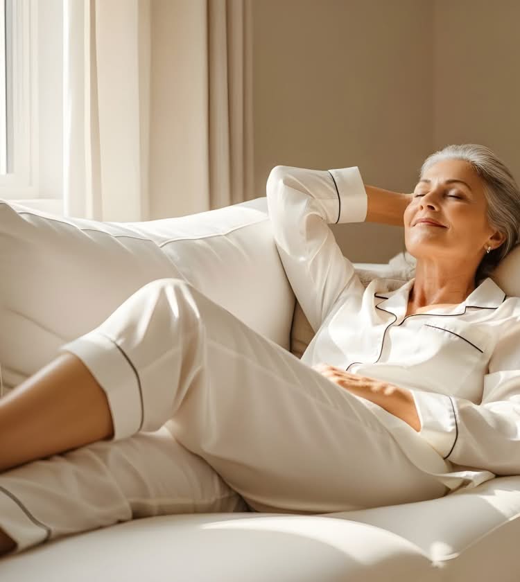 Relaxed woman lying on a sofa, representing comfortable legs and circulation support