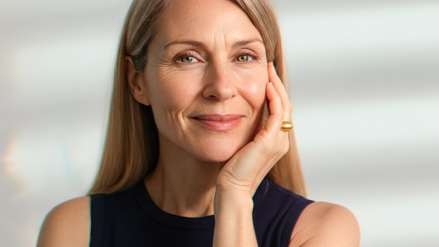 Close-up of a smiling woman with natural makeup