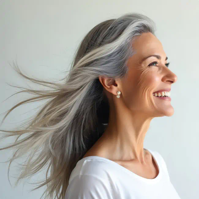 Smiling woman with healthy, shiny gray hair blowing gently