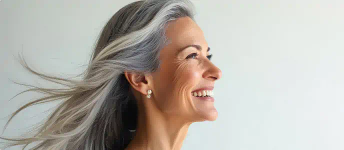 Smiling woman with healthy, shiny gray hair blowing gently