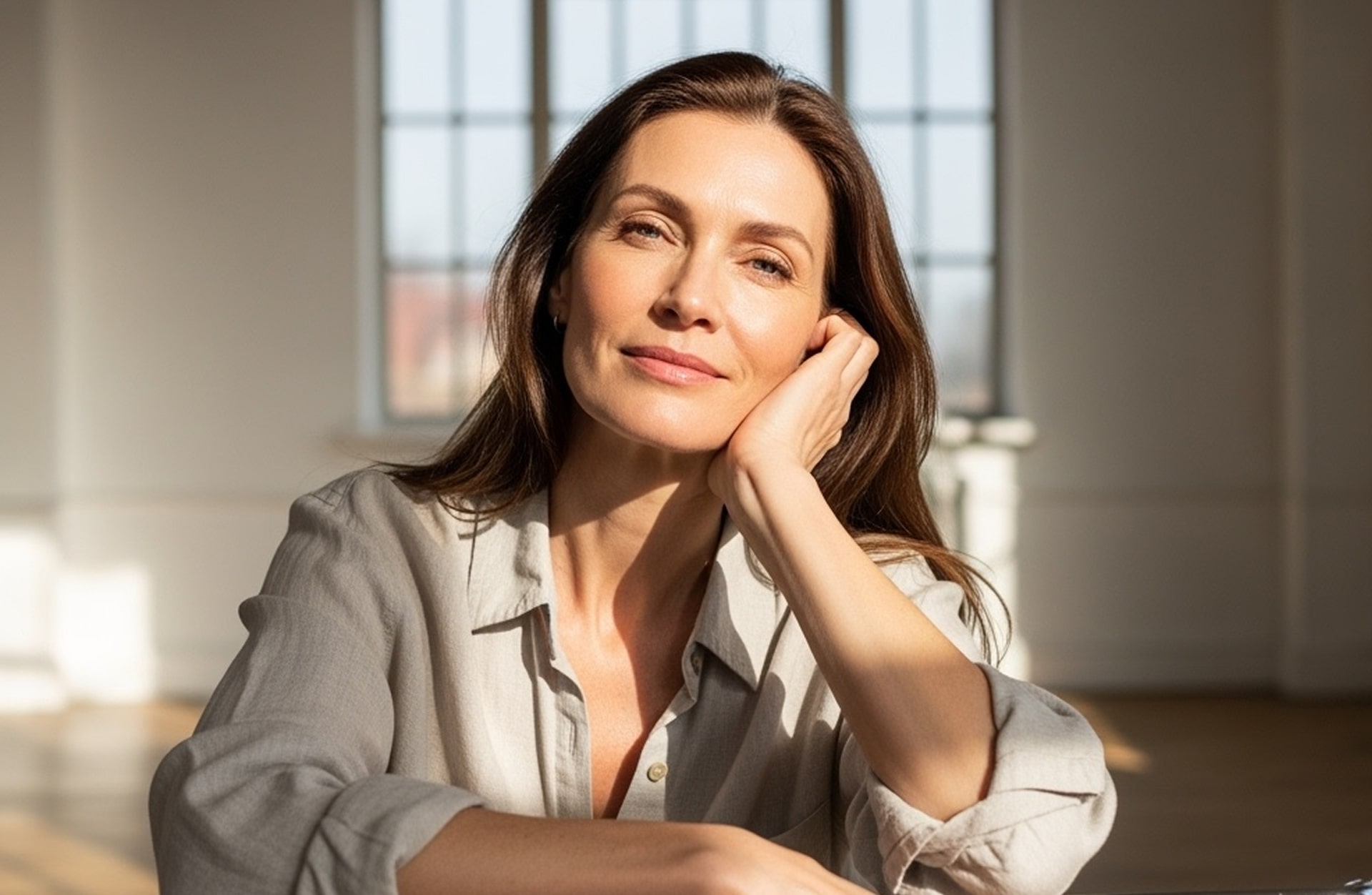 Confident middle-aged woman smiling in natural light