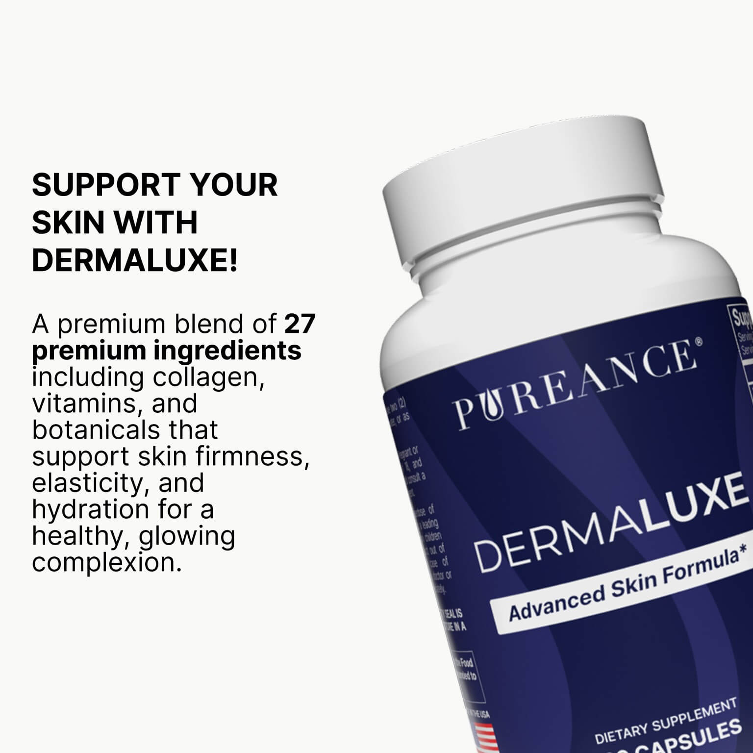 Dermaluxe bottle with 27 premium skin-supporting ingredients