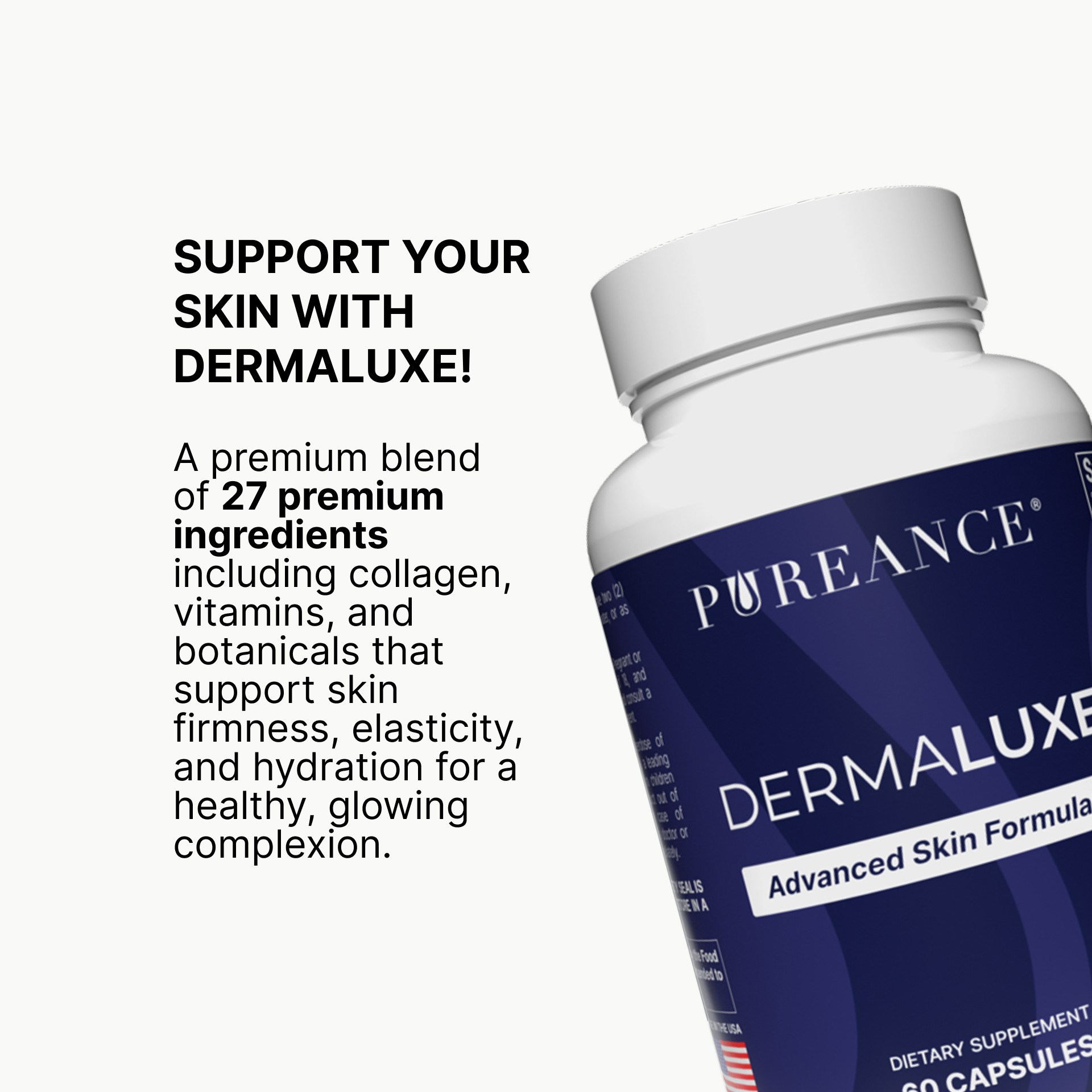Dermaluxe bottle with 27 premium skin-supporting ingredients
