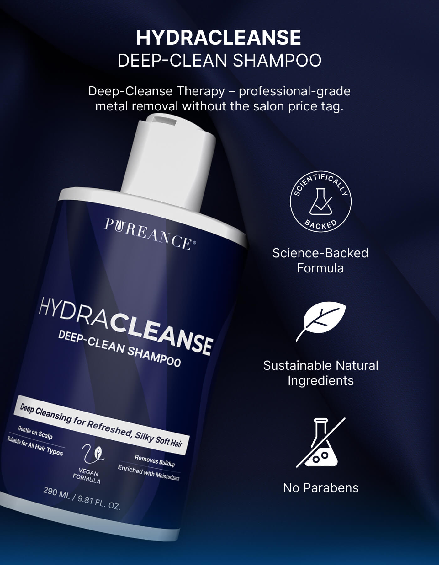 HydraCleanse product bottle with formula benefit icons