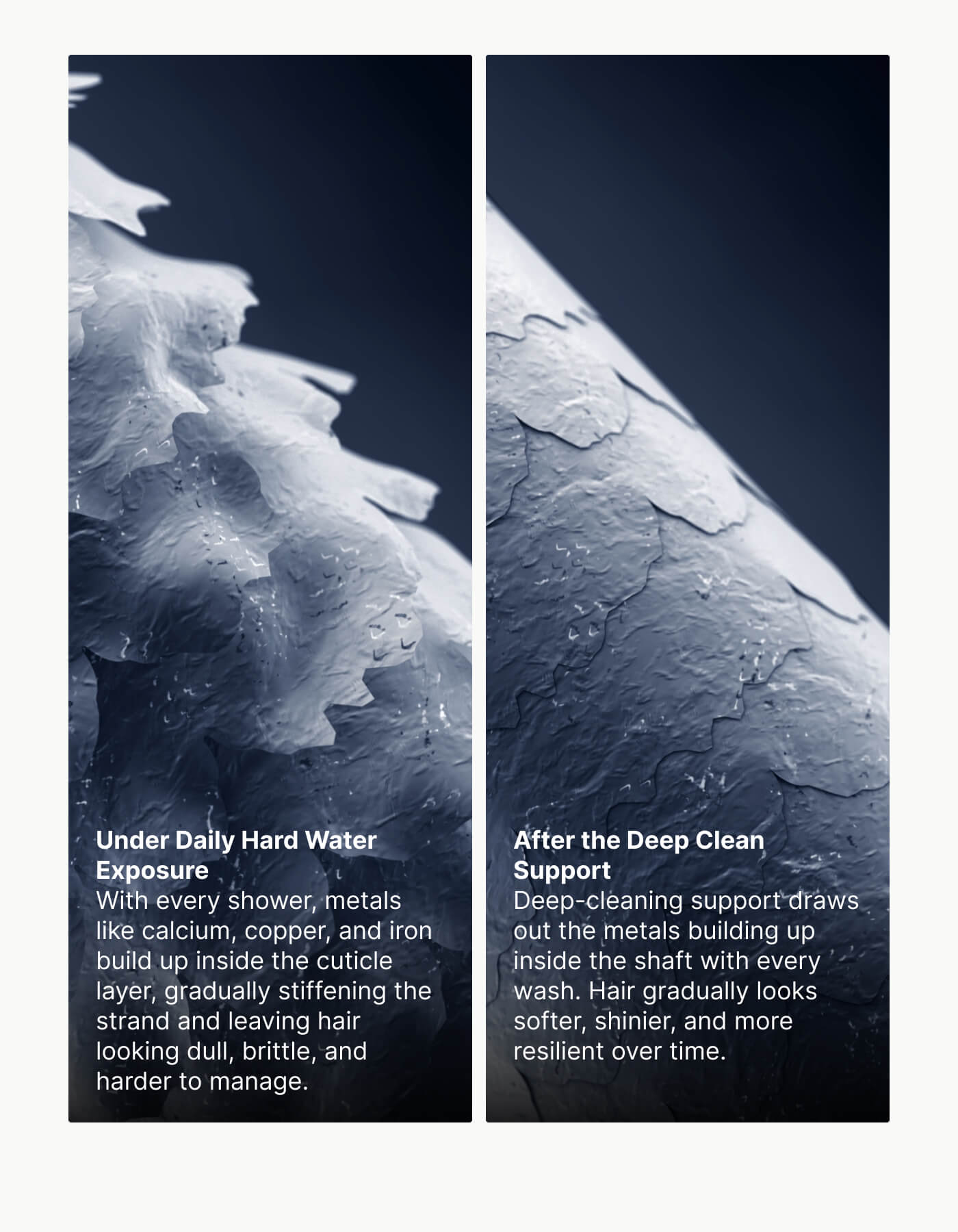 Hair strand comparison showing hard water buildup before and after deep clean support