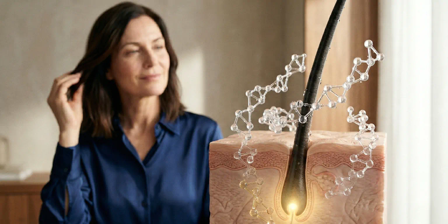 Woman beside hair follicle model with molecular structure overlay