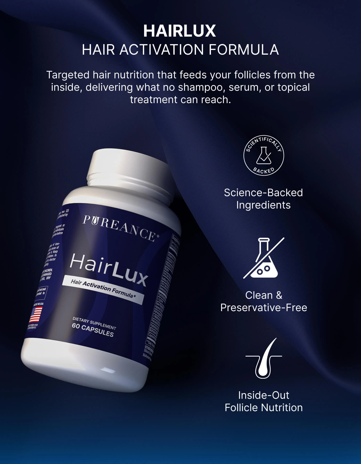 HairLux product bottle with clean formula callouts