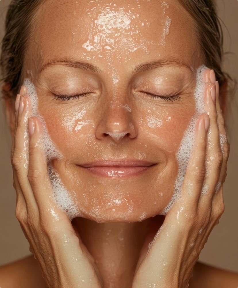 Woman cleansing face