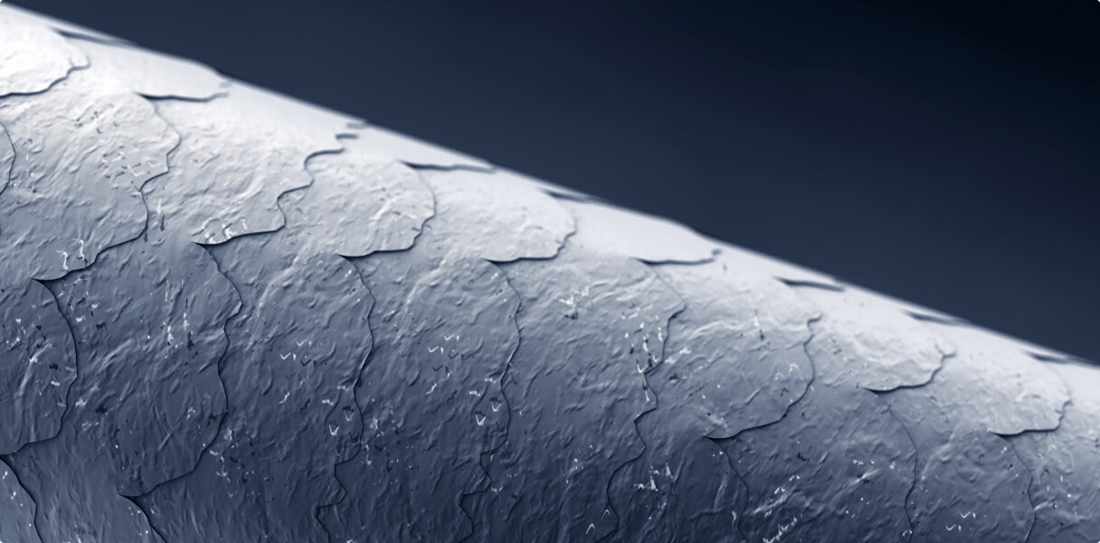Microscopic close-up of a smooth, repaired hair shaft