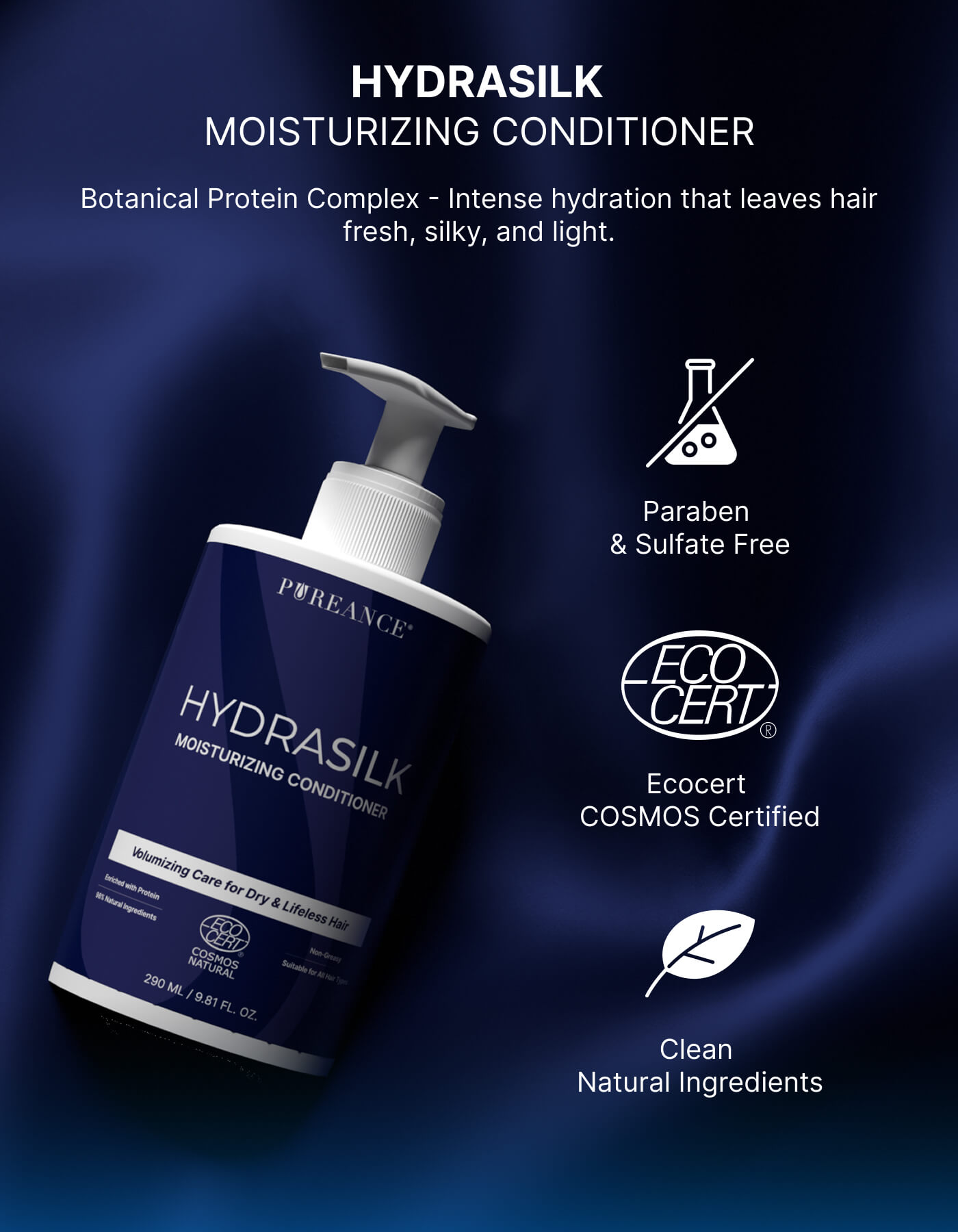Pureance HydraSilk bottle highlighting clean, eco-certified formula