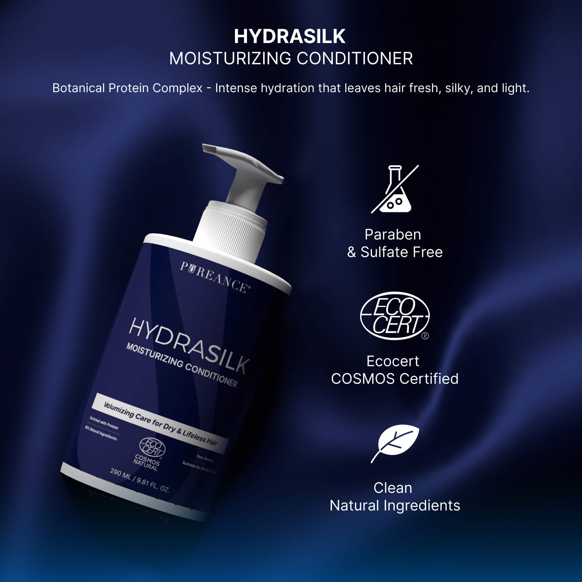 Pureance HydraSilk bottle highlighting clean, eco-certified formula