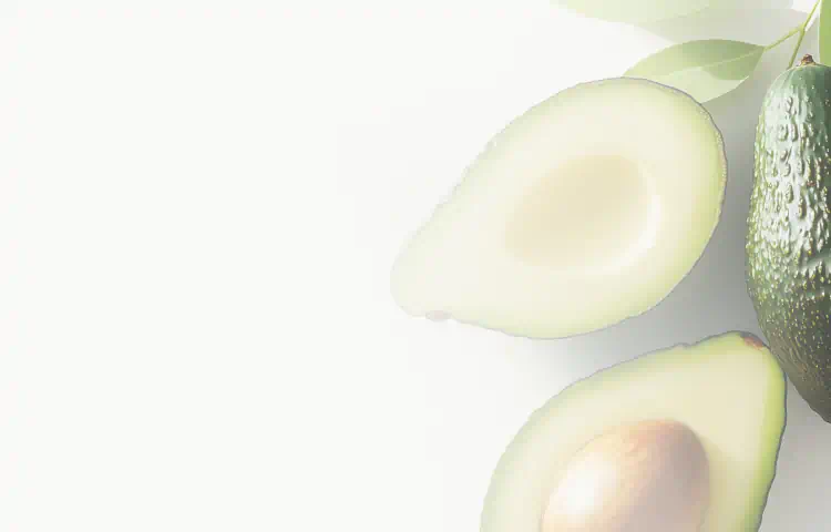 Whole and halved avocados with green leaves