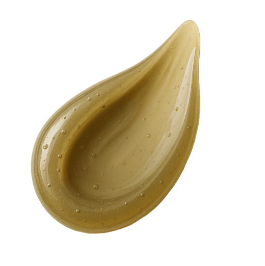 A glossy, olive-brown gel-like texture with a smooth surface