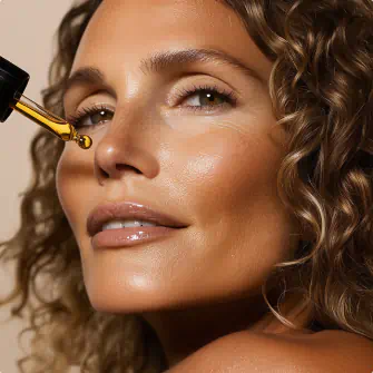 A close-up of a woman with curly hair applying sea buckthorn oil from a dropper to her face