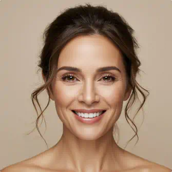 Portrait of a smiling woman with glowing skin and soft curls