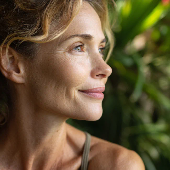 Woman gazing into the distance, surrounded by greenery