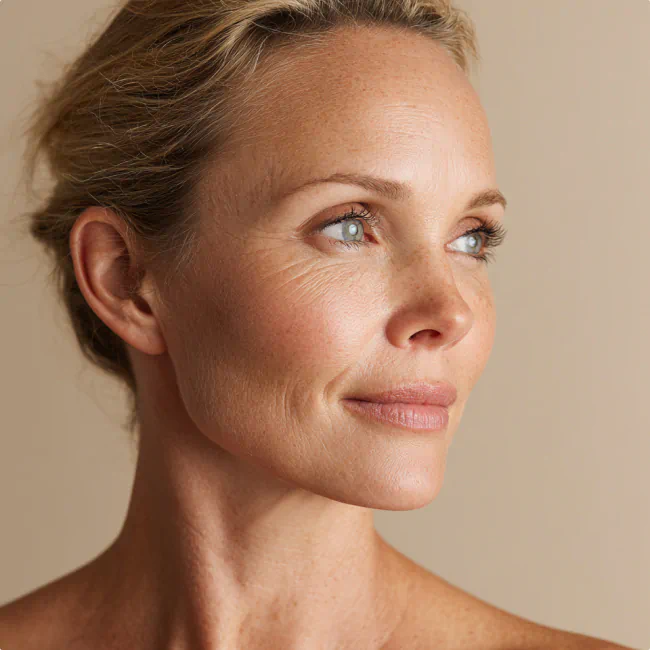 Smiling woman with fresh, radiant skin looking slightly to the side