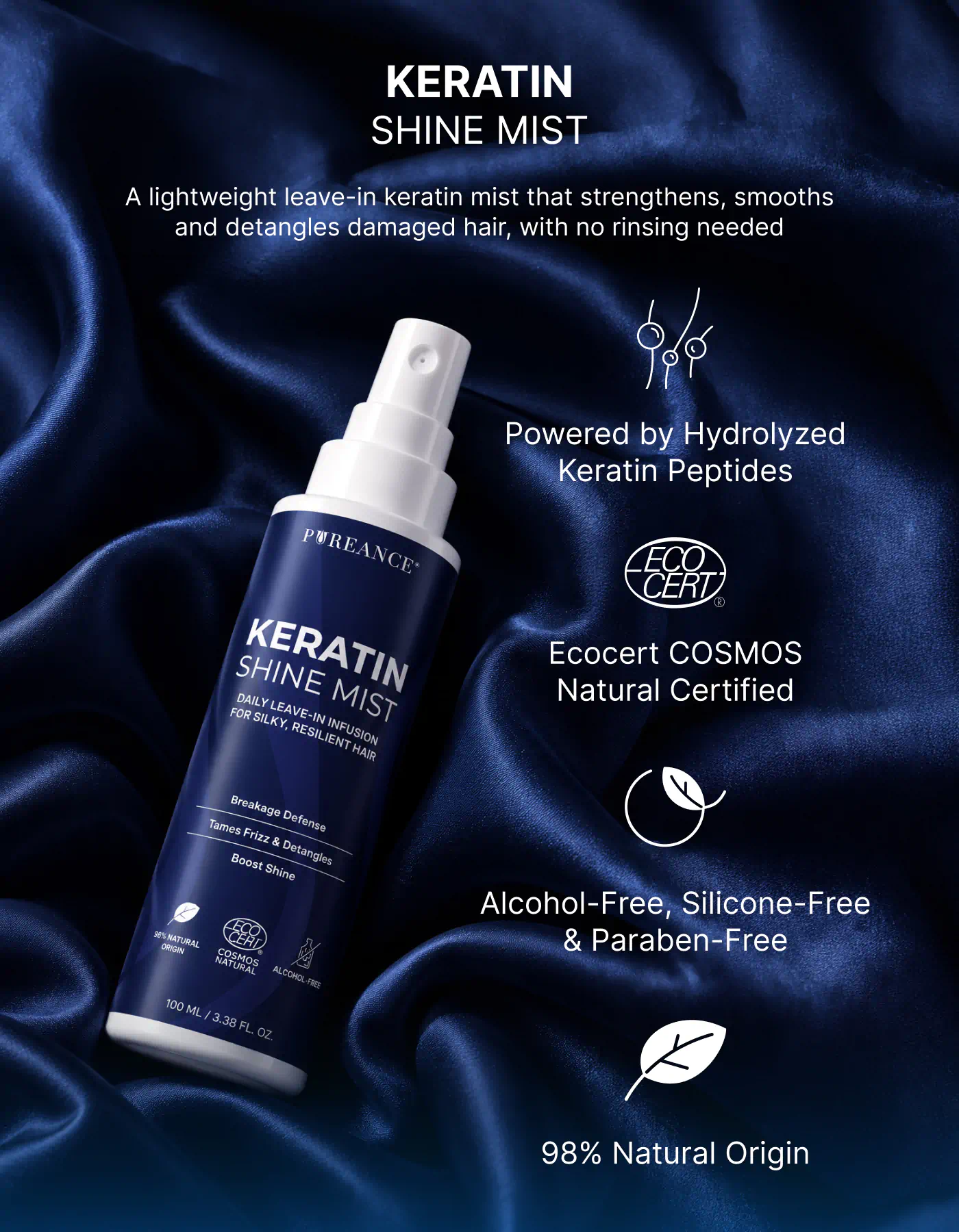 Pureance Keratin Shine Mist with hydrolyzed keratin peptides and certifications