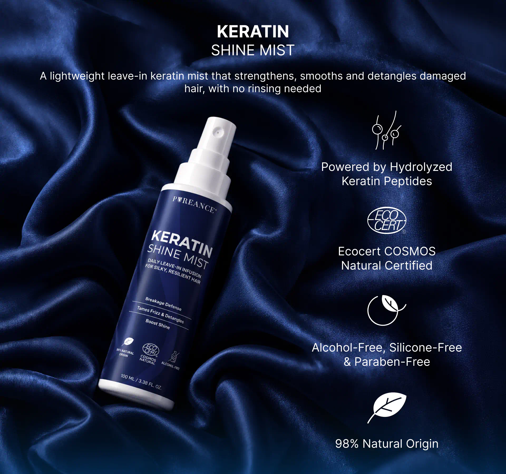Pureance Keratin Shine Mist with hydrolyzed keratin peptides and certifications