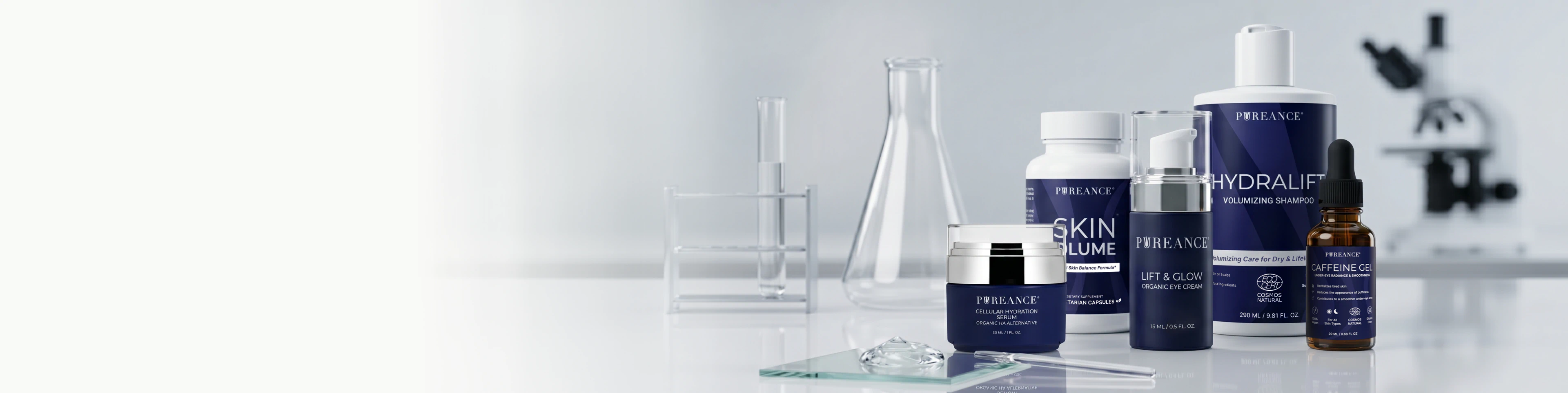 Pureance product lineup including skincare, supplements, and haircare displayed on a lab-style surface.