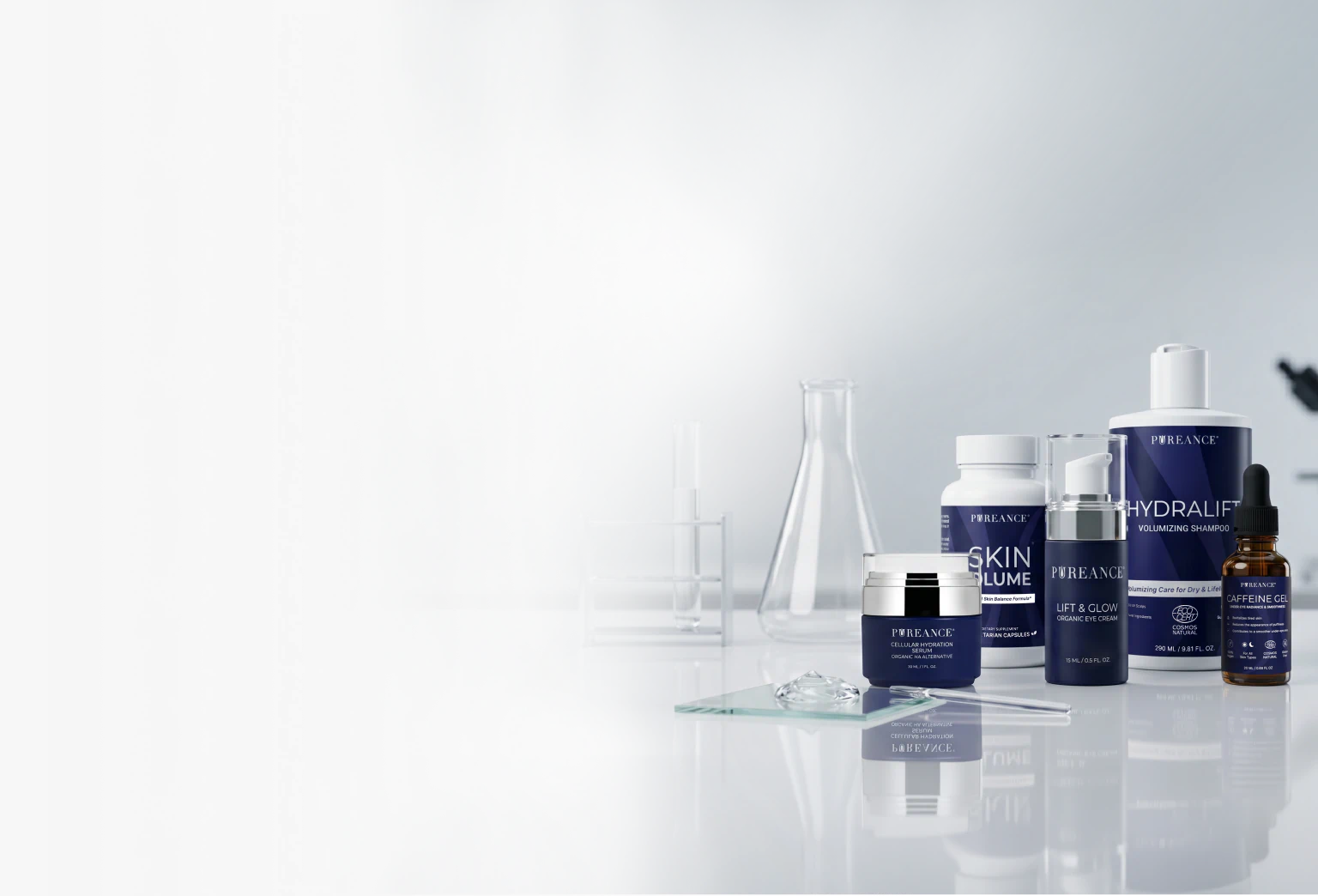 Pureance product lineup including skincare, supplements, and haircare displayed on a lab-style surface.