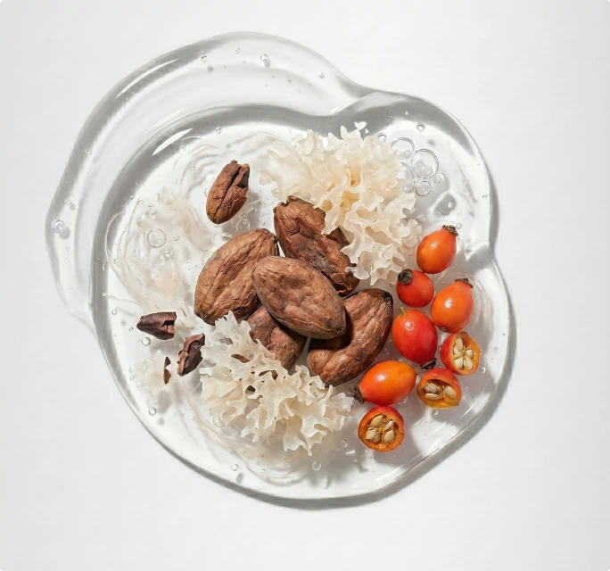 Botanical ingredients including cacao, tremella mushroom, and rosehip