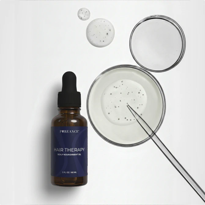 Pureance Hair Therapy Scalp Nourishment Oil beside lab equipment on a clean white surface