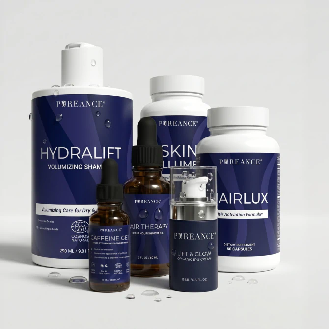Pureance full product range including haircare, skincare, and supplements