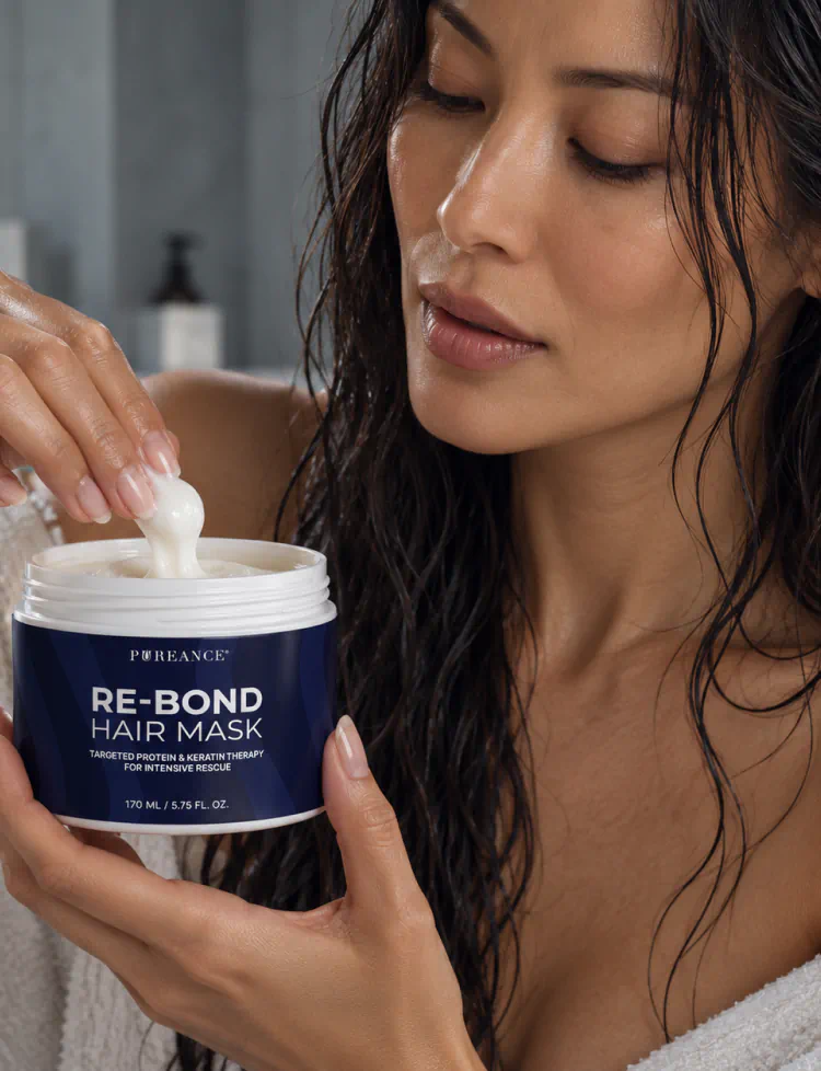 Woman with wet hair applying Pureance keratin hair mask