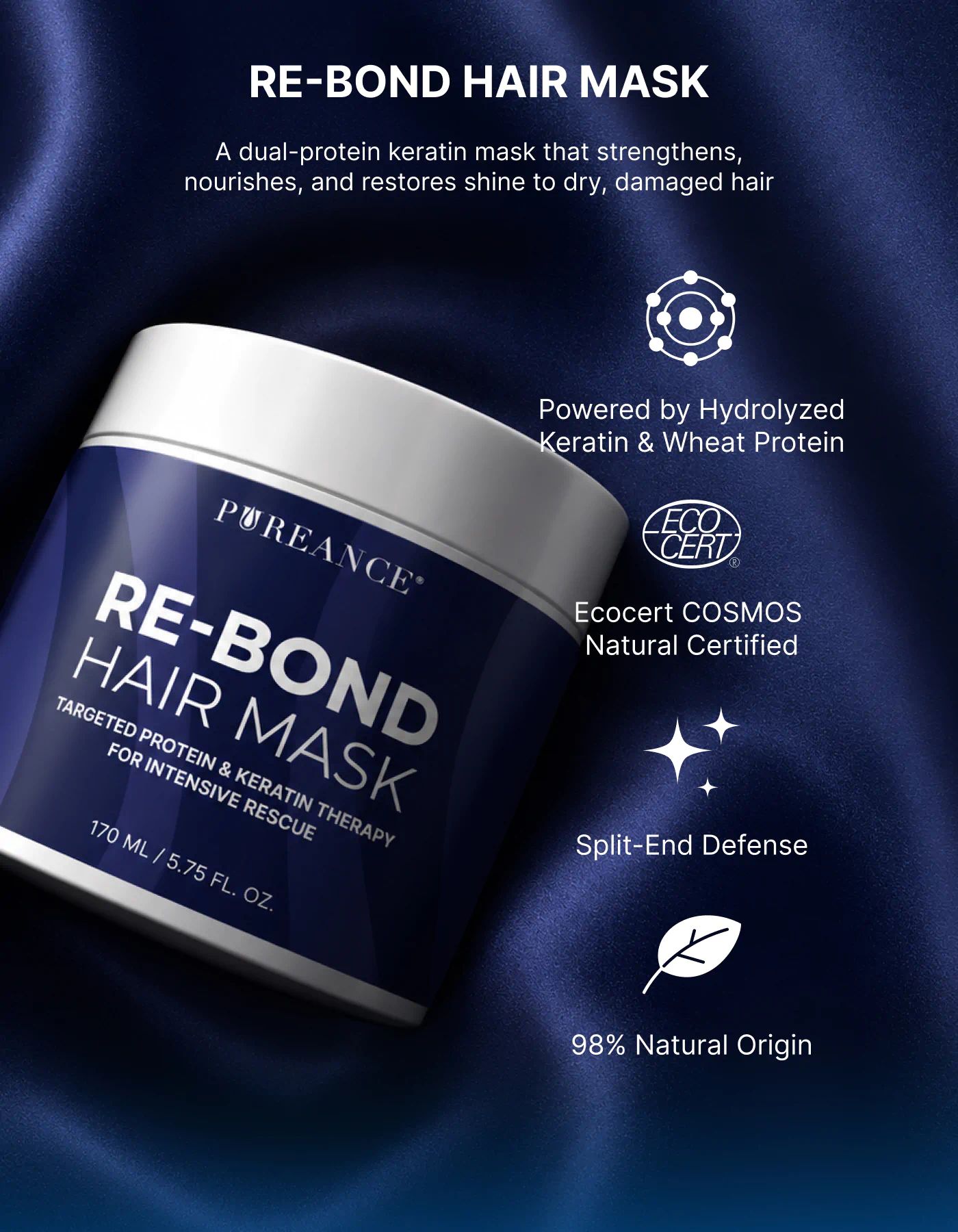 Pureance Re-Bond hair mask for damaged hair with keratin and wheat protein