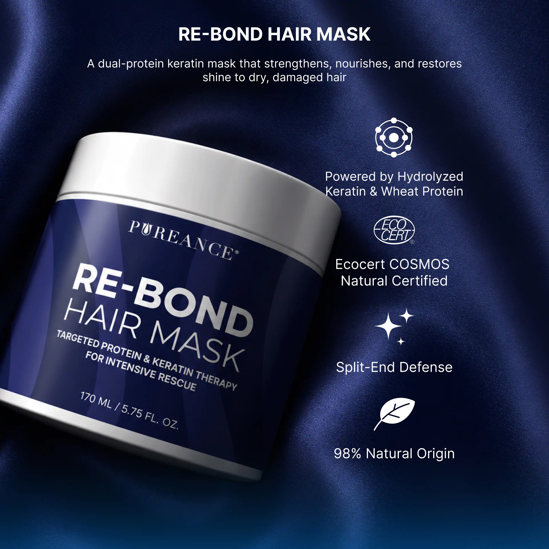 Pureance Re-Bond hair mask for damaged hair with keratin and wheat protein