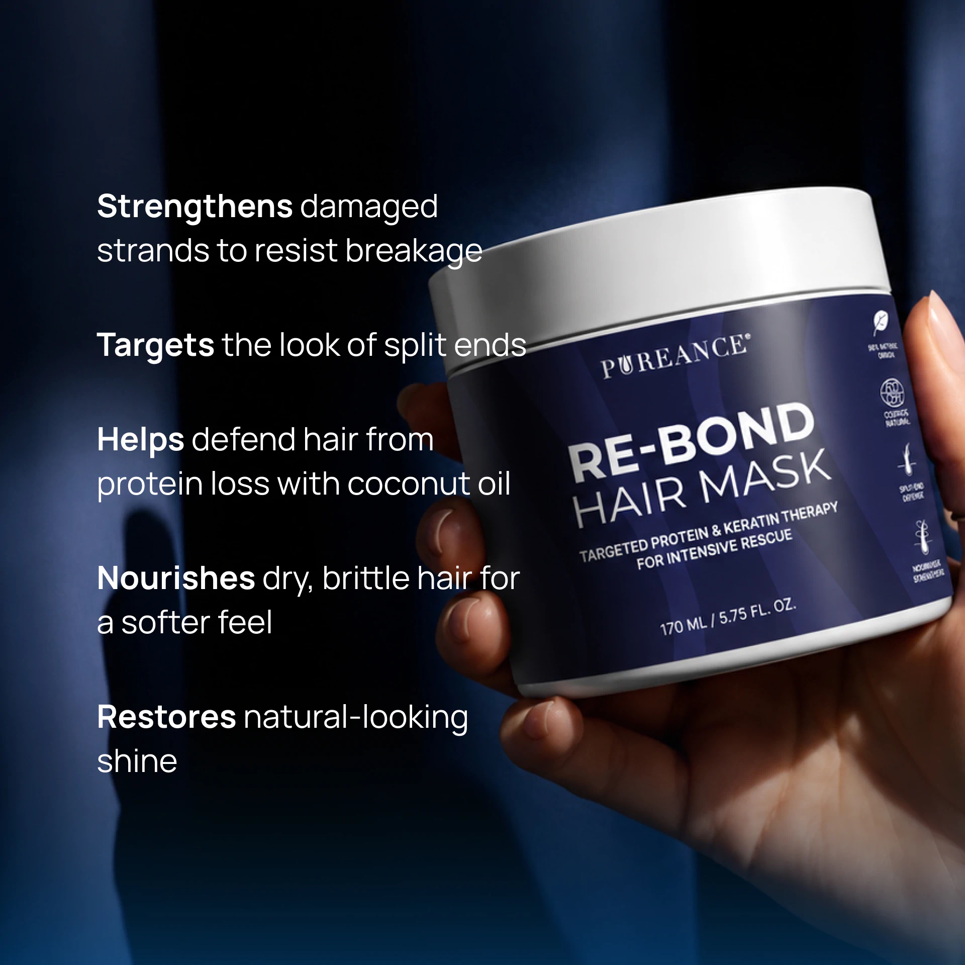 Hand holding Pureance keratin protein treatment with main benefits listed