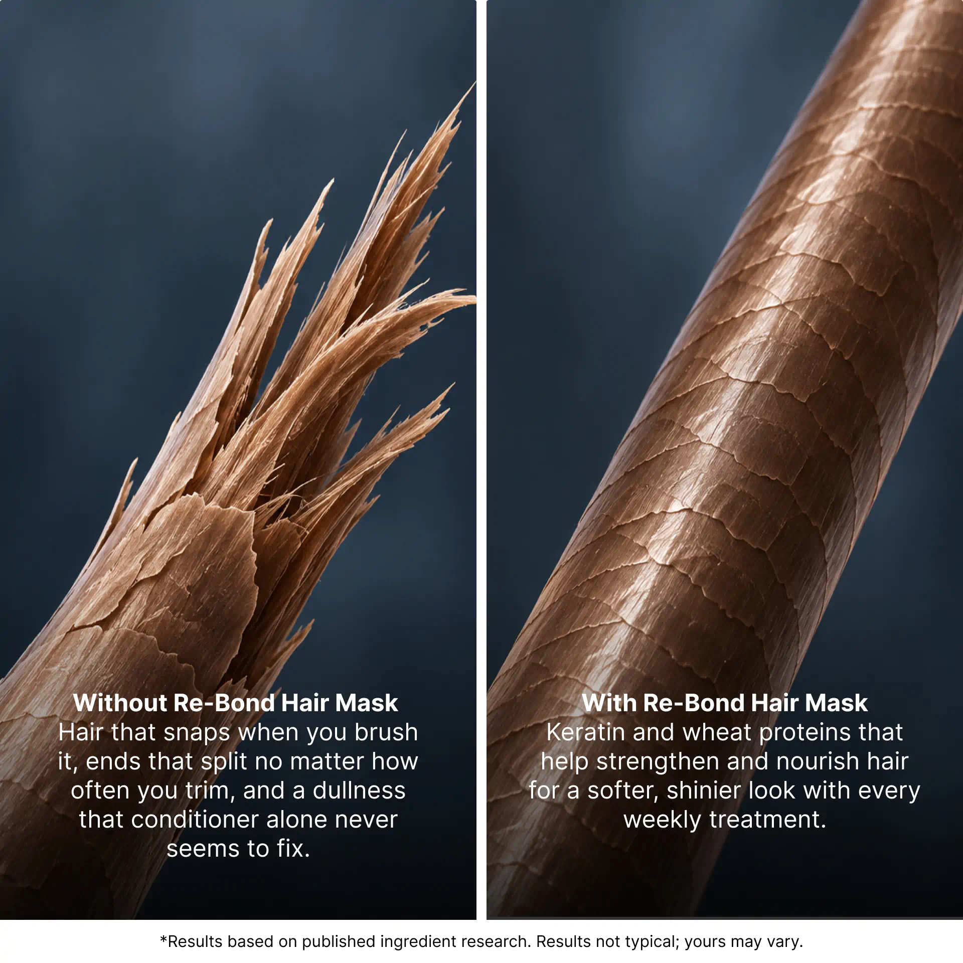 Close-up of split ends before and after Re-Bond Hair Mask