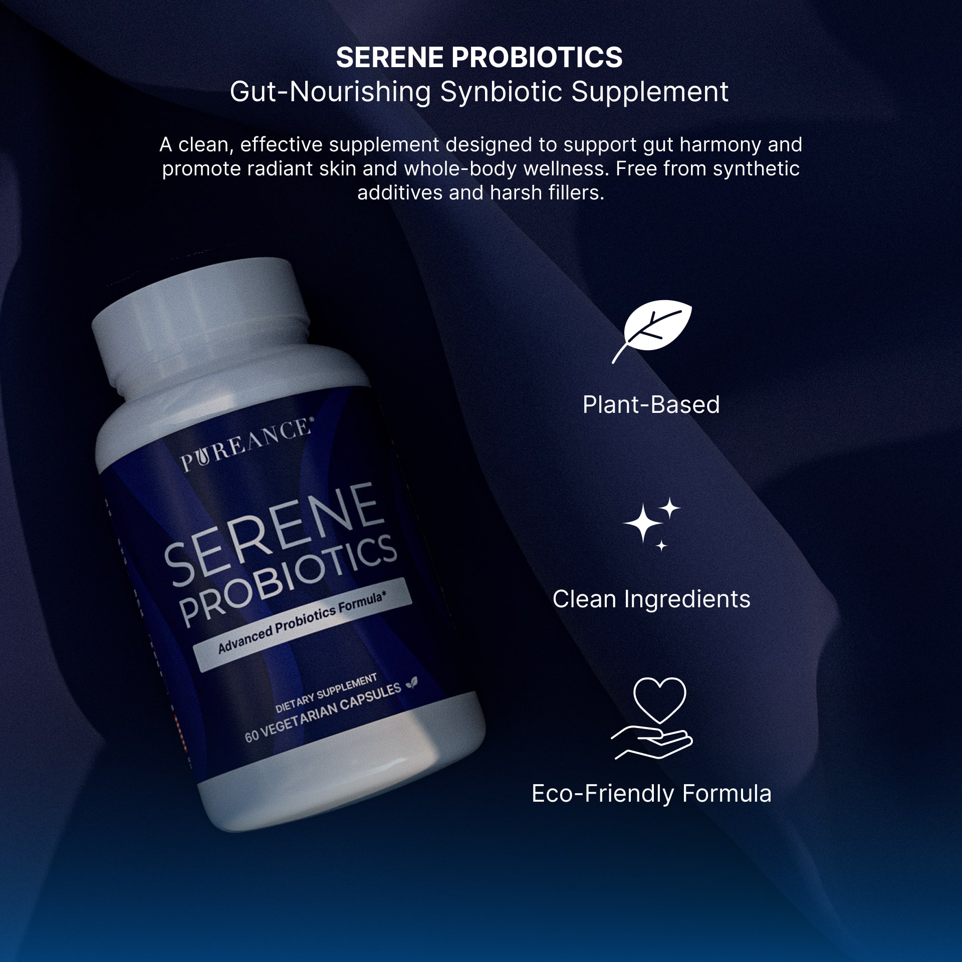Woman holding Serene Probiotics with wellness benefits listed