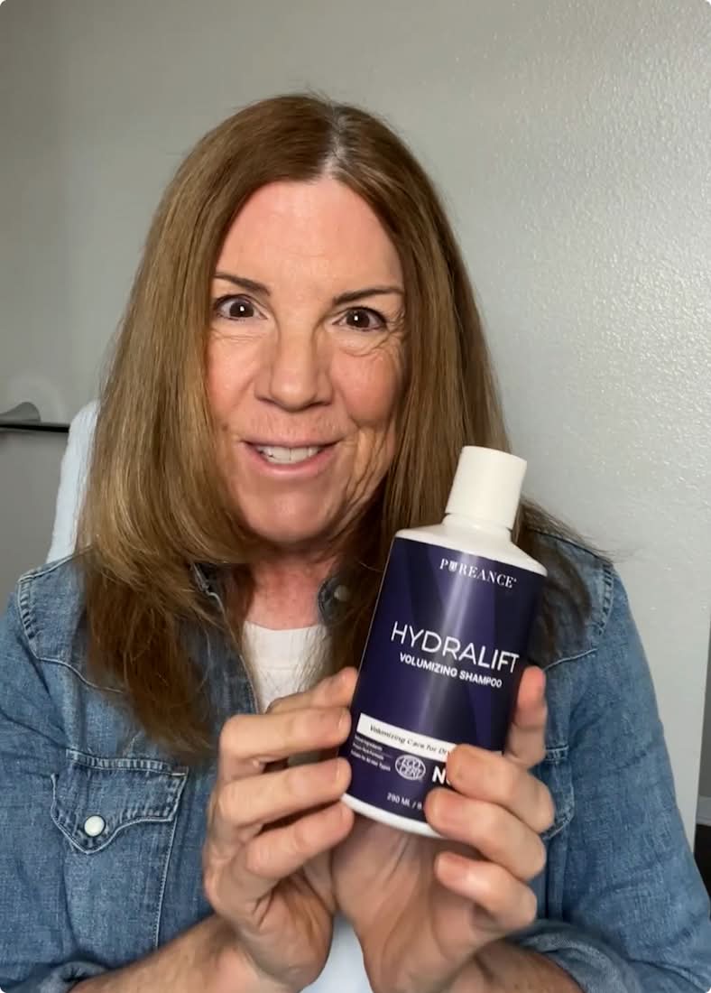 Video of a woman sharing how HydraLift Shampoo helped her hair feel smoother, fuller, and healthier